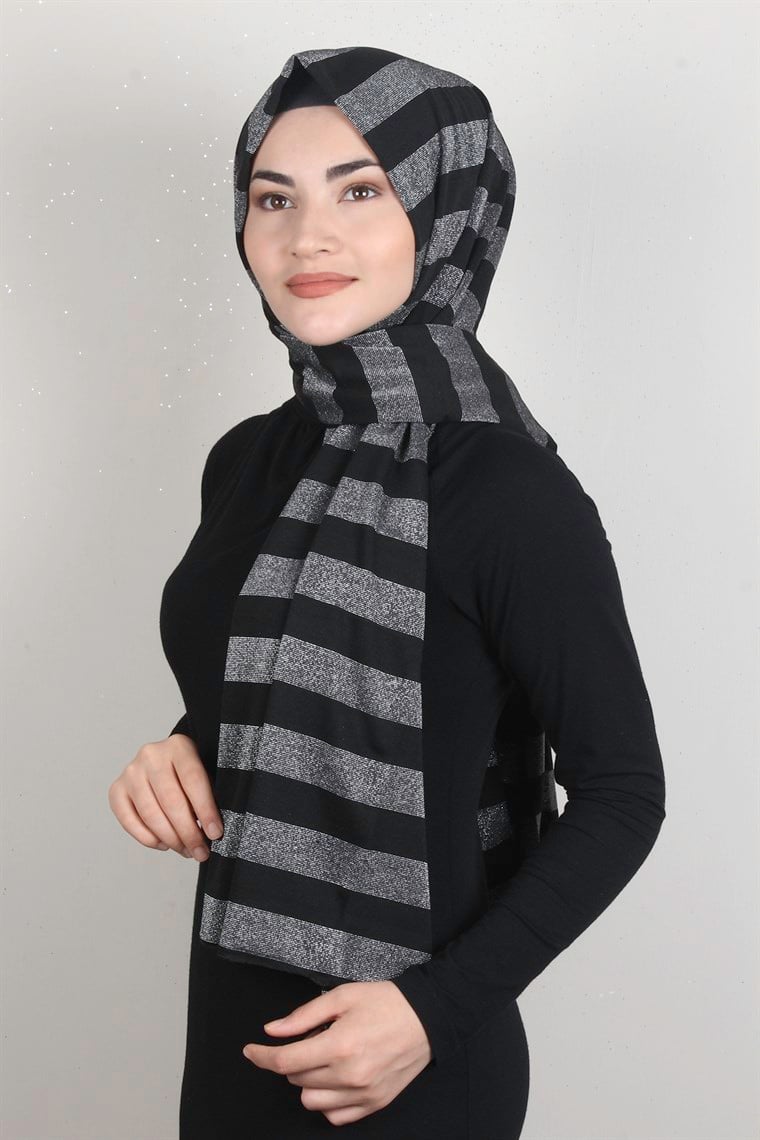 Simli Likralı Şal 608-2 Siyah