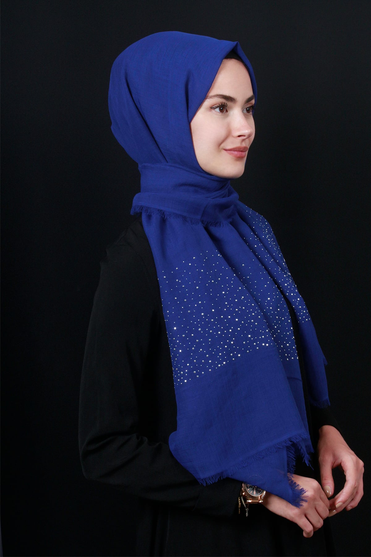 Taşlı Haiti Şal 2801-1 Saks Mavisi