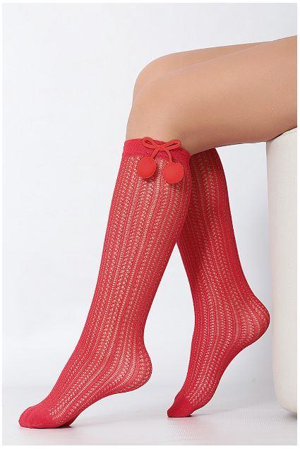 Peri Ponponlu File Çocuk Dizaltı Çorap KIRMIZI