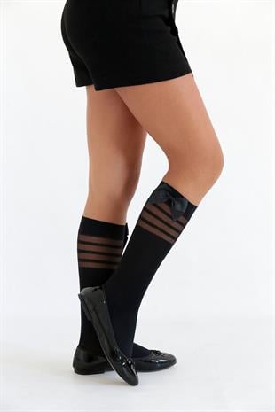 ÇİZGİLİ ÇOCUK DİZALTI ÇORAP SİYAH