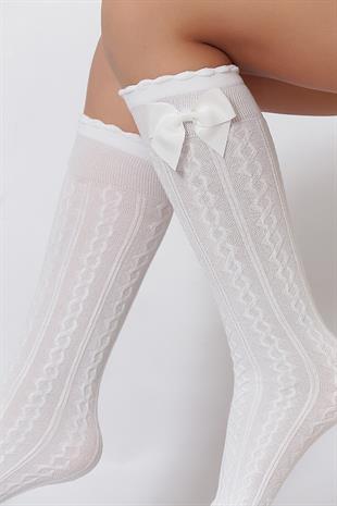 Dafne Fiyonklu  Viskon Çocuk Dizaltı Çorap BEYAZ