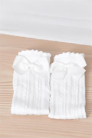 Dafne Fiyonklu  Viskon Çocuk Dizaltı Çorap BEYAZ