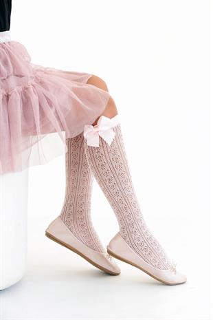 Orietta Fiyonklu Çocuk Dizaltı Çorap PEMBE