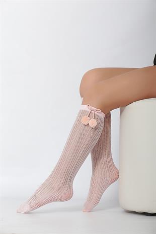 Peri Ponponlu File Çocuk Dizaltı Çorap PEMBE