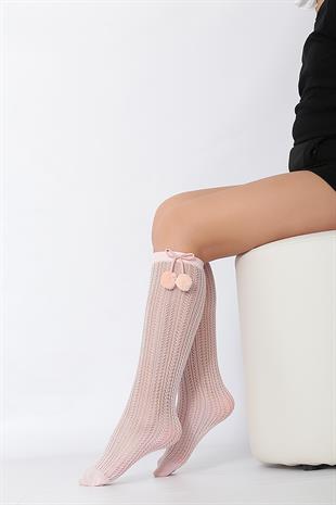 Peri Ponponlu File Çocuk Dizaltı Çorap PEMBE