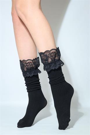 RİB DANTELLİ DİZALTI ÇORAP SİYAH