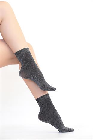 Sun Simli Mikro Soket Çorap  SİYAH-GÜMÜŞ