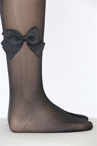 Tül File Fiyonklu Çocuk Külotlu Çorap  SİYAH