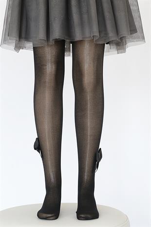 Tül File Fiyonklu Çocuk Külotlu Çorap  SİYAH