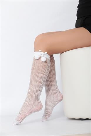 Peri Ponponlu File Çocuk Dizaltı Çorap BEYAZ