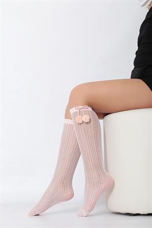 Peri Ponponlu File Çocuk Dizaltı Çorap PEMBE