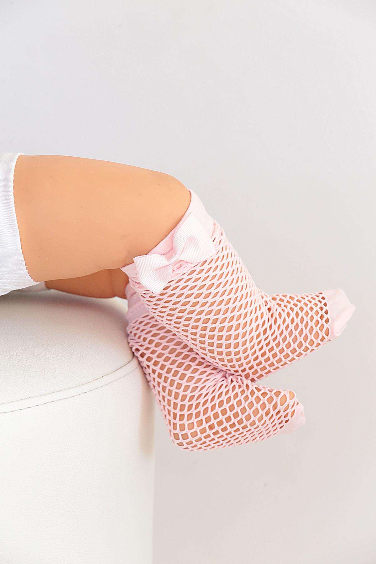 Bebek Pesca File Fiyonklu Dizaltı Çorap PEMBE