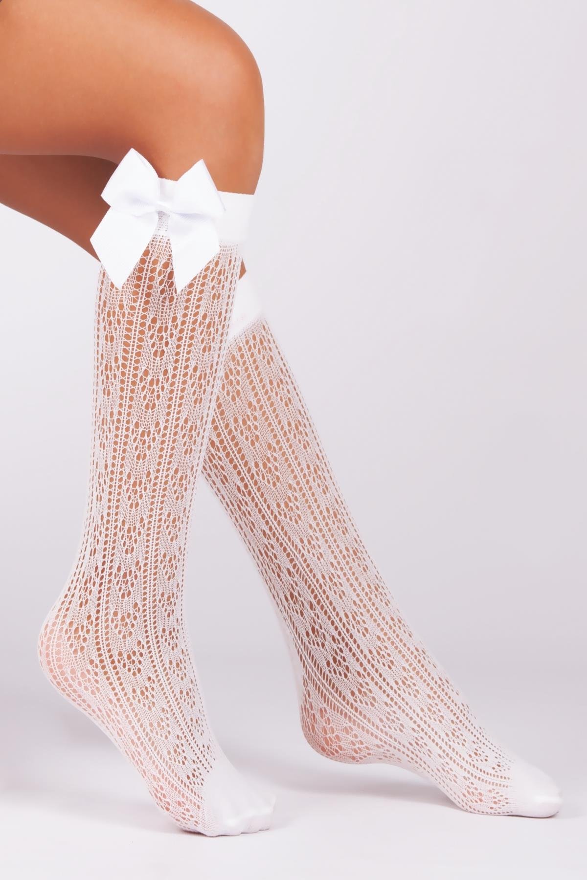 Orietta Fiyonklu Çocuk Dizaltı Çorap BEYAZ