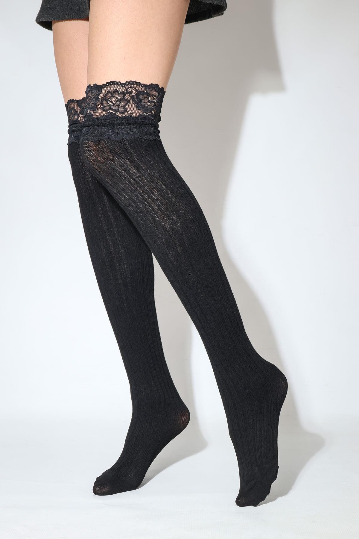 RİB DANTELLİ DİZÜSTÜ ÇORAP SİYAH
