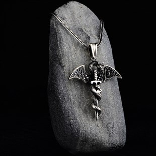 Gümüş Erkek Ejderha Modeli Oksitli Kılıç Kolye