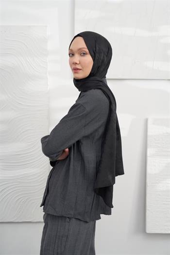 Armanda Jakarlı Şal - Kazayağı Desenli - Siyah