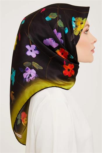 Armine İpek Eşarp 2024 Kış - 9048-01 Siyah Yeşil Twill