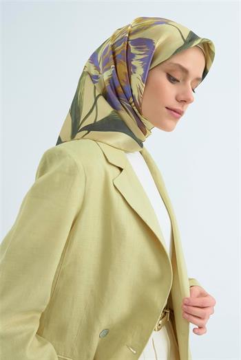 Armine İpek Eşarp 2026 Yaz - 9506-01 Tereyağ Sarısı Mor Sura