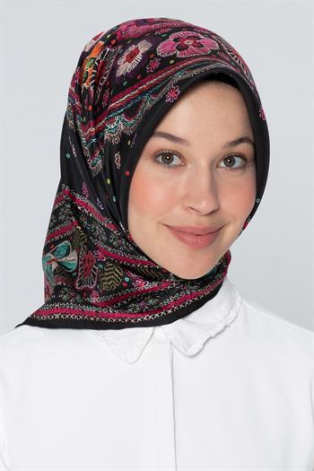 Armine İpek Eşarp Nostalji - 7866-09 Siyah Pembe Twill
