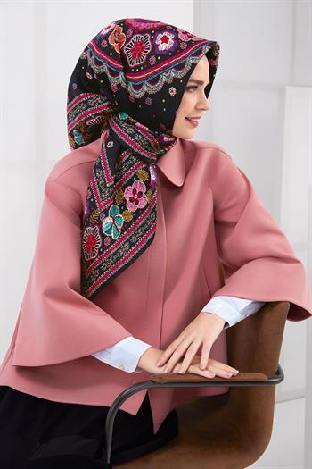 Armine İpek Eşarp Nostalji - 7866-09 Siyah Pembe Twill