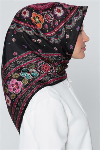 Armine İpek Eşarp Nostalji - 7866-09 Siyah Pembe Twill