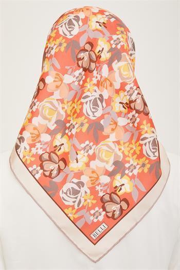 Belli Twill İpek Eşarp - 4018-33 Kırmızı Bej