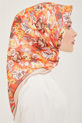 Belli Twill İpek Eşarp - 4018-33 Kırmızı Bej