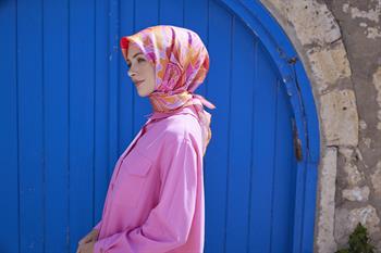 Belli Twill İpek Eşarp - 4032-54 Fuşya Turuncu