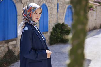 Belli Twill İpek Eşarp - 4037-02 Mavi Turuncu