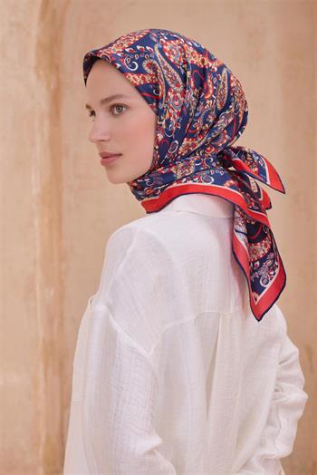Belli Twill İpek Eşarp - 4101-36 Lacivert Kırmızı