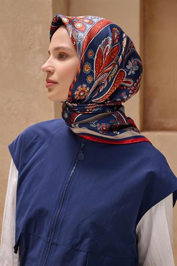 Belli Twill İpek Eşarp - 4111-32 Lacivert Kırmızı