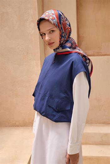 Belli Twill İpek Eşarp - 4111-32 Lacivert Kırmızı