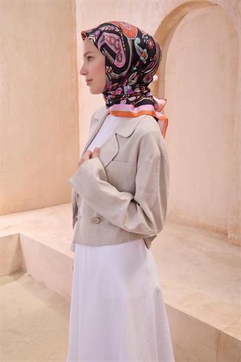 Belli Twill İpek Eşarp - 4111-38 Siyah Pudra