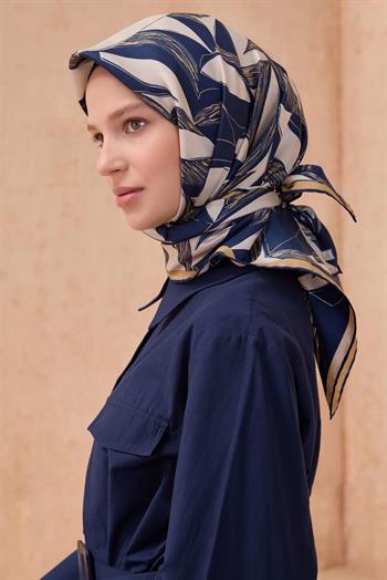 Belli Twill İpek Eşarp - 4123-31 Lacivert Ekru