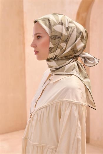 Belli Twill İpek Eşarp - 4123-39 Yeşil Ekru