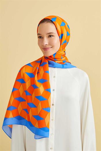 Imannoor Floş Viskon Şal - Zigzag Desen - Turuncu İndigo