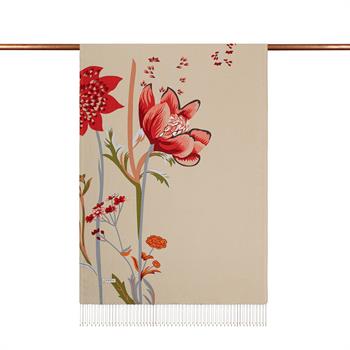 İpekevi Desenli İpek Şal - Amaryllis Desenli - Krem