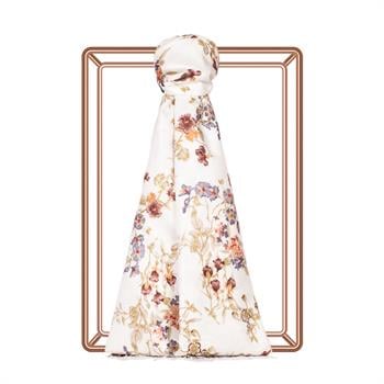 İpekevi Desenli İpek Şal - Çiçek Tacı Desenli - Krem Kahve