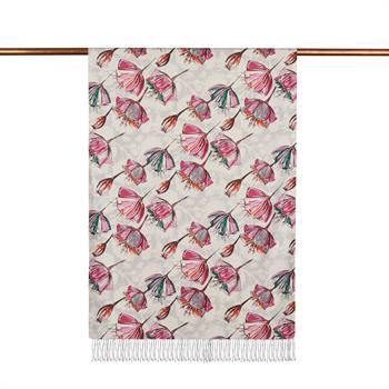 İpekevi Desenli İpek Şal - Gardenia Desenli - Krem Fuşya