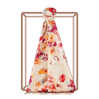 İpekevi Desenli İpek Şal - Gül Bahçesi Desenli - Fildişi