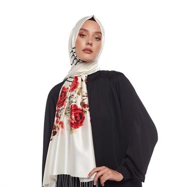 İpekevi Desenli İpek Şal Gül Sepeti - Beyaz