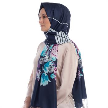 İpekevi Desenli İpek Şal Gül Sepeti - Lacivert