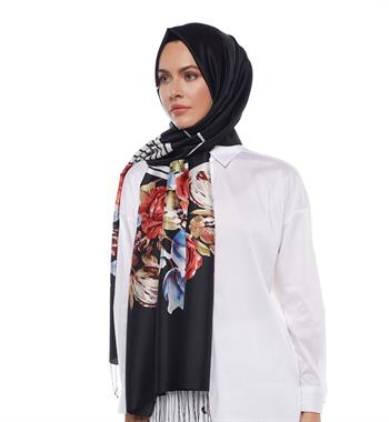 İpekevi Desenli İpek Şal Gül Sepeti - Siyah