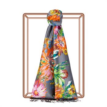 İpekevi Desenli İpek Şal - Kasımpatı Desen - Gri