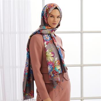 İpekevi Desenli İpek Şal - Kasımpatı Desen - İncir Moru