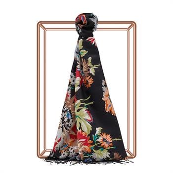 İpekevi Desenli İpek Şal - Kasımpatı Desen - Siyah