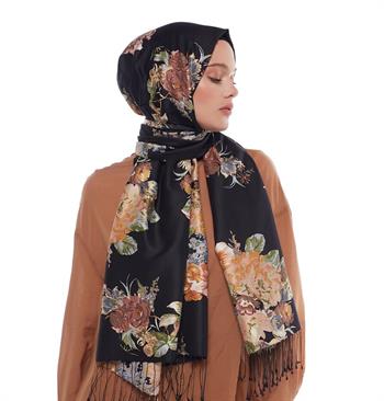 İpekevi Desenli İpek Şal - Misk Gülü Desen - Siyah