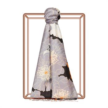 İpekevi Desenli İpek Şal - Ortanca Sepeti Desenli - Siyah Turuncu Gri