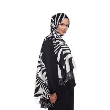 İpekevi Desenli İpek Şal - Palmiye Desenli - Siyah Beyaz