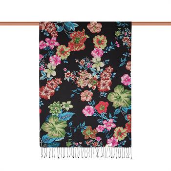 İpekevi Desenli İpek Şal - Petunya Desenli - Siyah